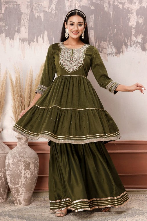 Royal Elegance 3-Piece Muslin Sharara Suit Set – Zardosi, Gotta Patti, and Zari Embellishments