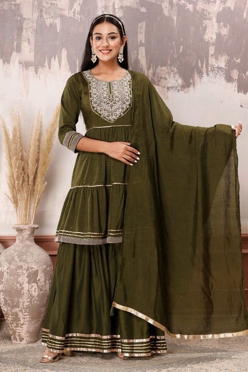 Royal Elegance 3-Piece Muslin Sharara Suit Set – Zardosi, Gotta Patti, and Zari Embellishments