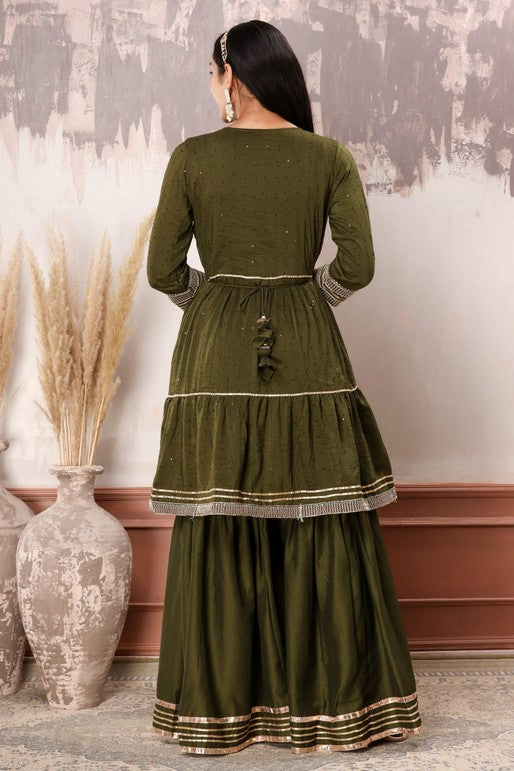 Royal Elegance 3-Piece Muslin Sharara Suit Set – Zardosi, Gotta Patti, and Zari Embellishments