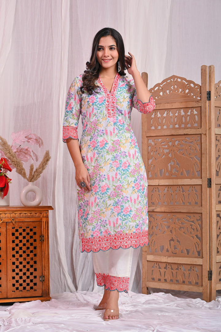 Pink Cotton Sifli Kurta Set - Straight Fit with V-Neck & 3/4th Sleeves (Sizes M to XXL)