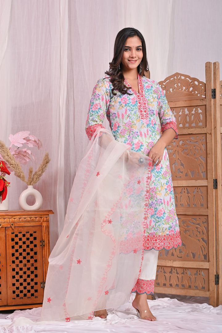 Pink Cotton Sifli Kurta Set - Straight Fit with V-Neck & 3/4th Sleeves (Sizes M to XXL)