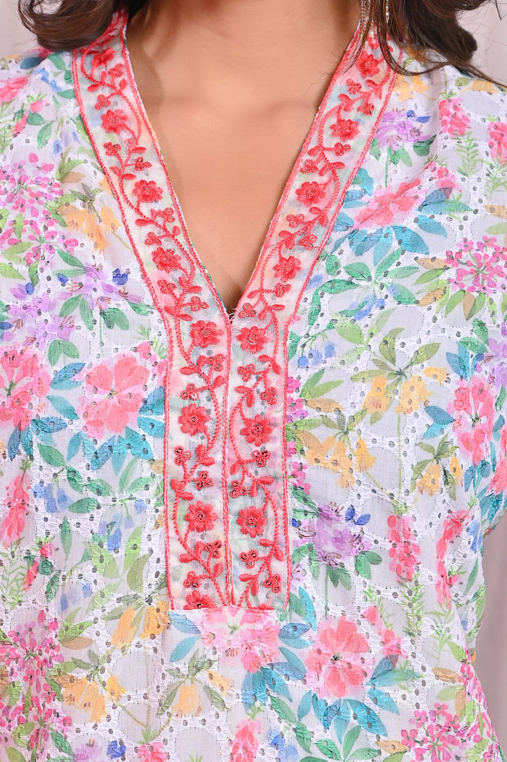 Pink Cotton Sifli Kurta Set - Straight Fit with V-Neck & 3/4th Sleeves (Sizes M to XXL)