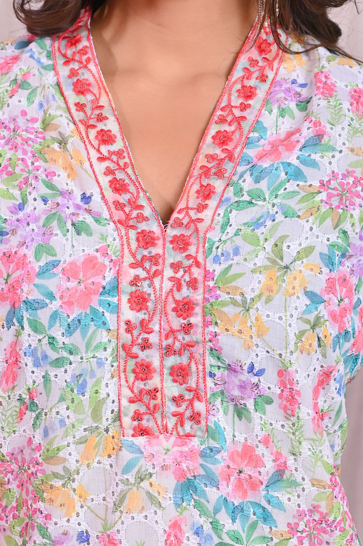 Pink Cotton Sifli Kurta Set - Straight Fit with V-Neck & 3/4th Sleeves (Sizes M to XXL)