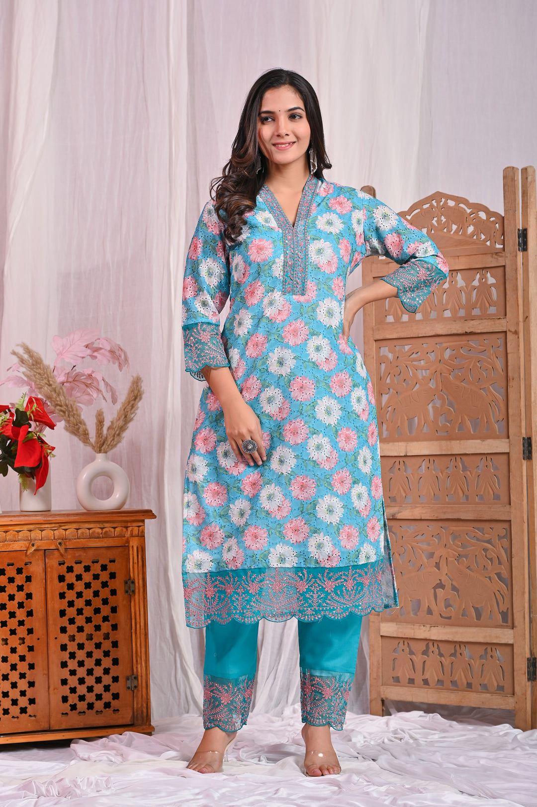 Green Cotton Sifli Kurta Set - Straight Fit with V-Neck and 3/4 Sleeves (Sizes M, L, XL, XXL)
