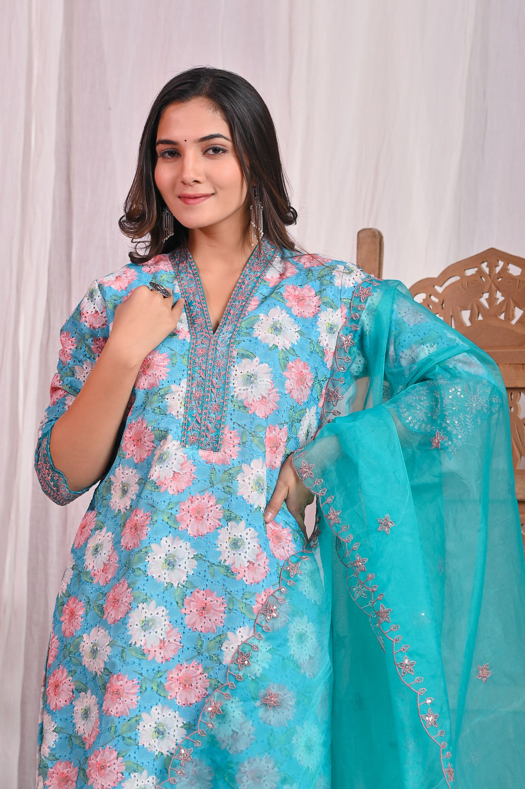Green Cotton Sifli Kurta Set - Straight Fit with V-Neck and 3/4 Sleeves (Sizes M, L, XL, XXL)