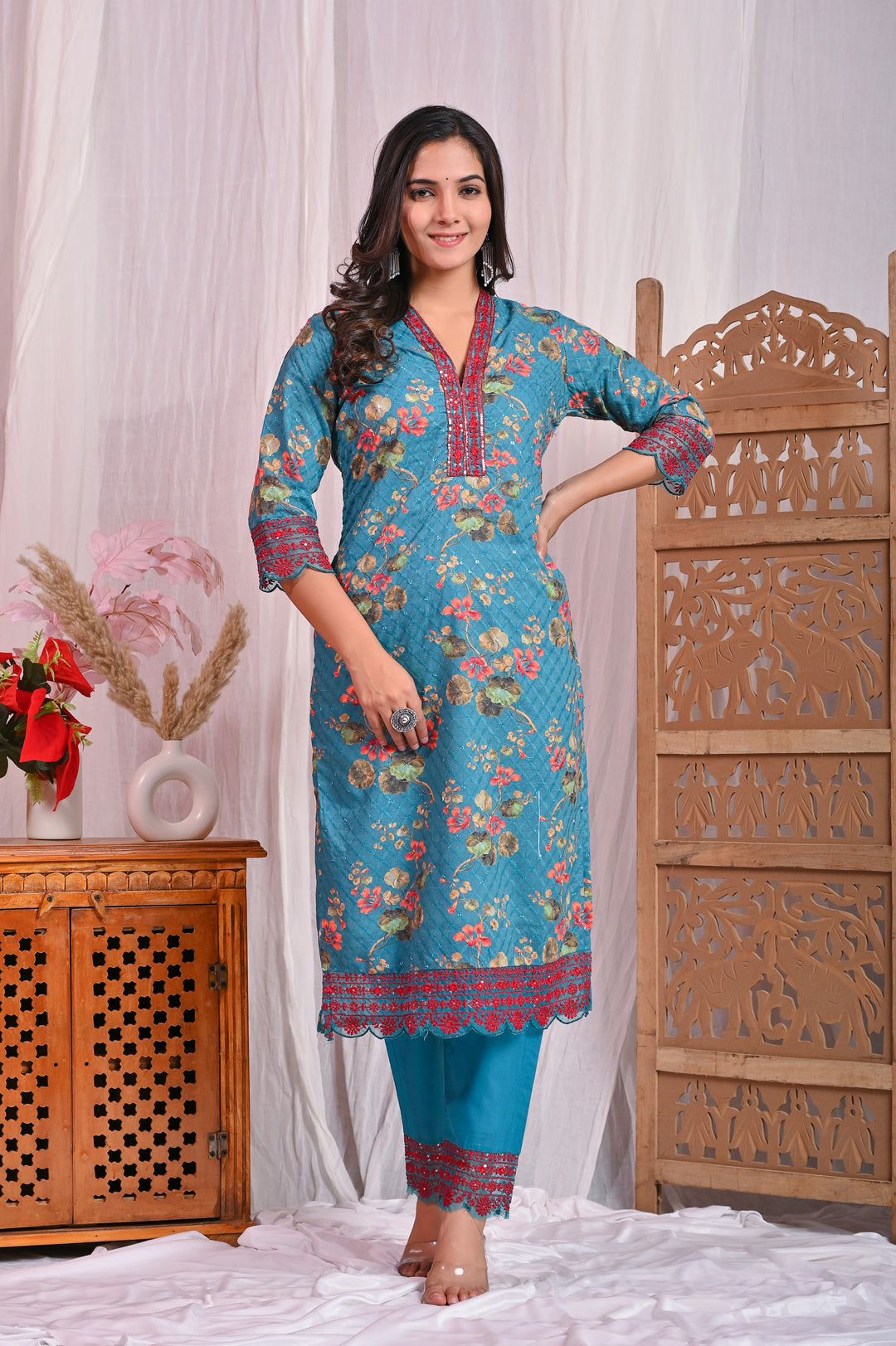 Dark Green Cotton Sifli Kurta Set - Straight Fit with V-Neck & 3/4 Sleeves (Available in M, L, XL, XXL)