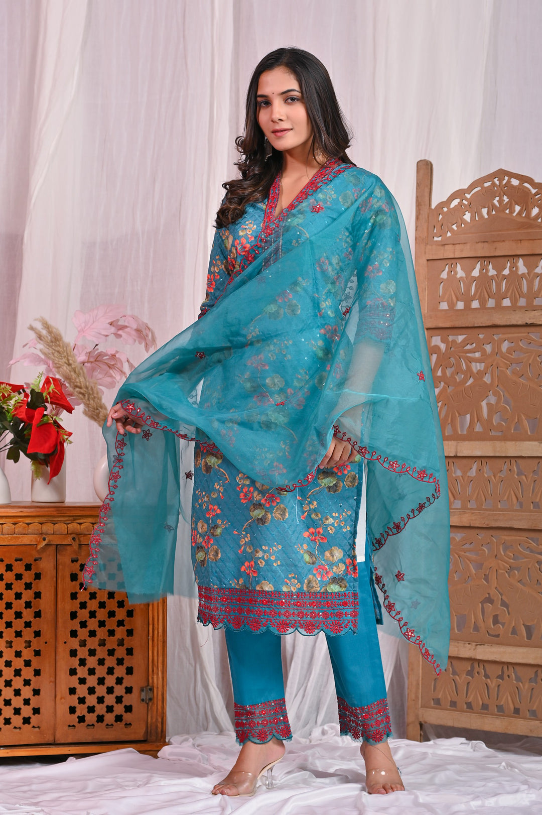 Dark Green Cotton Sifli Kurta Set - Straight Fit with V-Neck & 3/4 Sleeves (Available in M, L, XL, XXL)