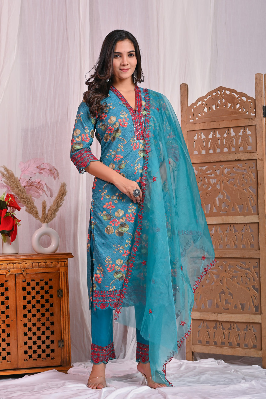 Dark Green Cotton Sifli Kurta Set - Straight Fit with V-Neck & 3/4 Sleeves (Available in M, L, XL, XXL)