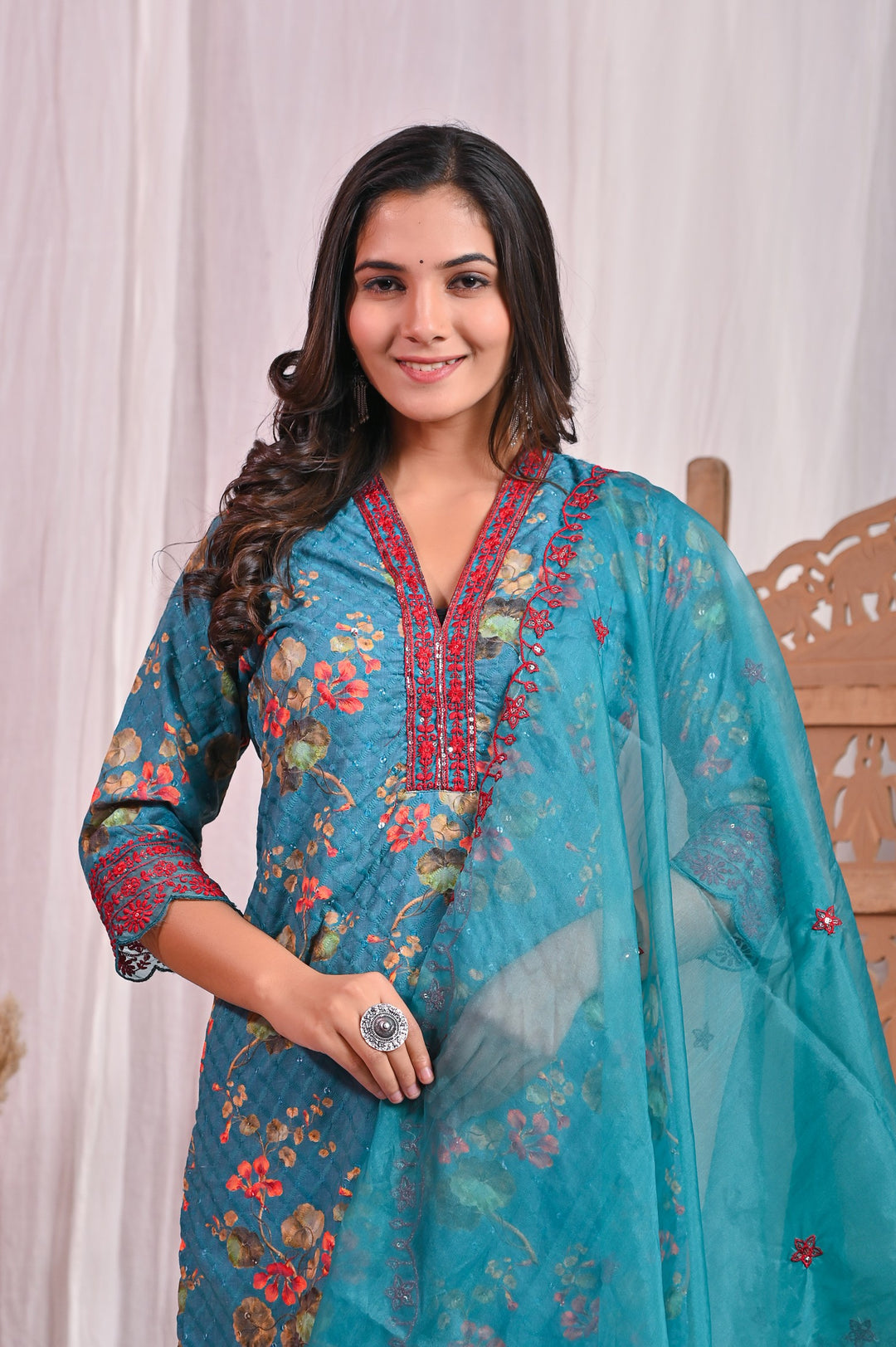 Dark Green Cotton Sifli Kurta Set - Straight Fit with V-Neck & 3/4 Sleeves (Available in M, L, XL, XXL)