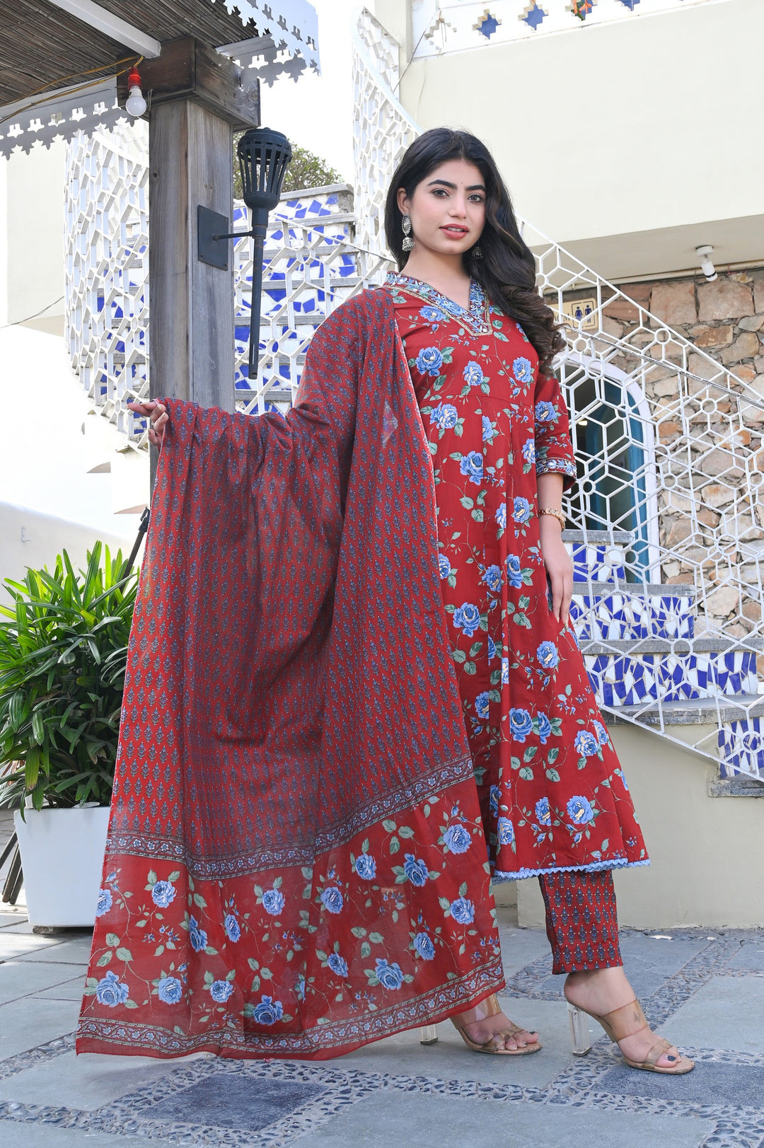 Elegant Maroon Cotton Anarkali Suit - 3/4 Sleeves with V-Neck (Sizes M, L, XL, XXL)