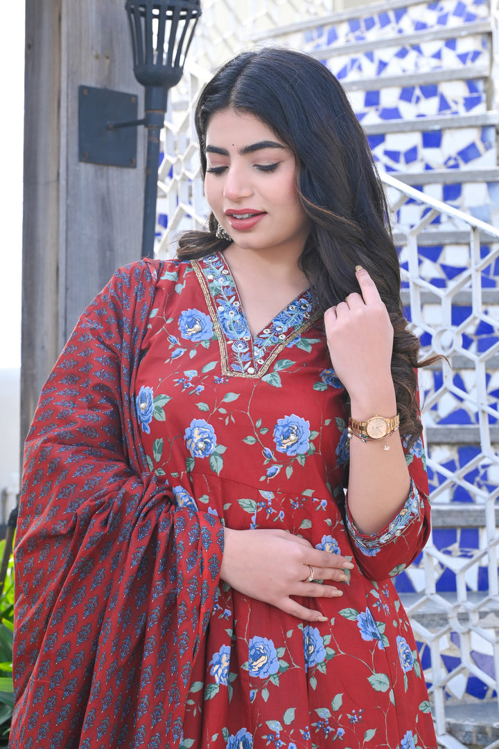 Elegant Maroon Cotton Anarkali Suit - 3/4 Sleeves with V-Neck (Sizes M, L, XL, XXL)