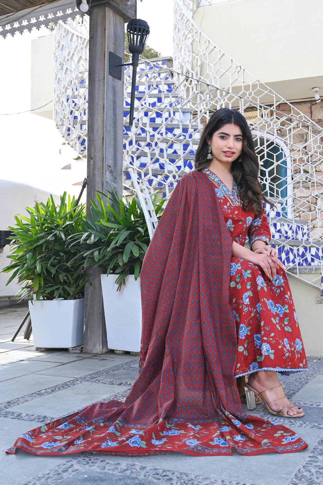 Elegant Maroon Cotton Anarkali Suit - 3/4 Sleeves with V-Neck (Sizes M, L, XL, XXL)