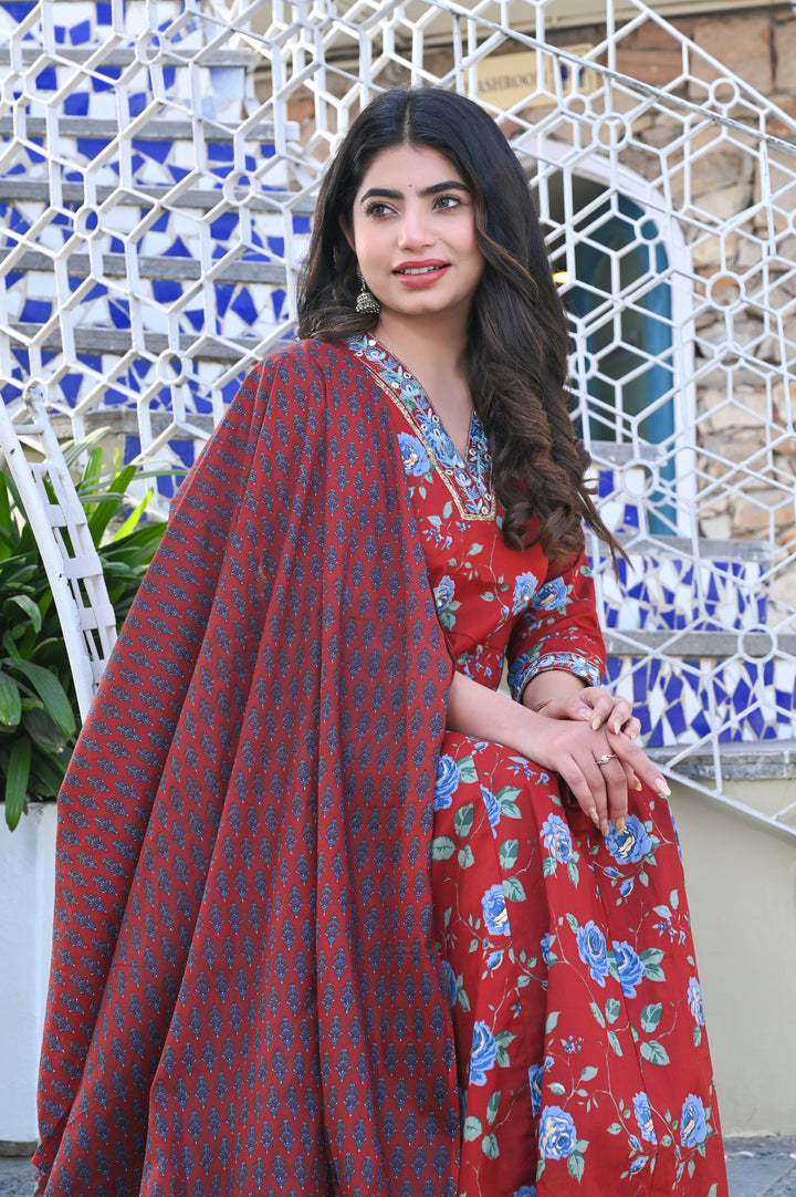 Elegant Maroon Cotton Anarkali Suit - 3/4 Sleeves with V-Neck (Sizes M, L, XL, XXL)