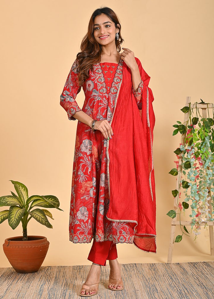 Exquisite Chanderi Anarkali Suit Set – 3-Piece Ethnic Ensemble with Zari, Sequins, and Pearl Detailing