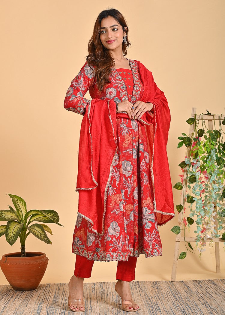 Exquisite Chanderi Anarkali Suit Set – 3-Piece Ethnic Ensemble with Zari, Sequins, and Pearl Detailing