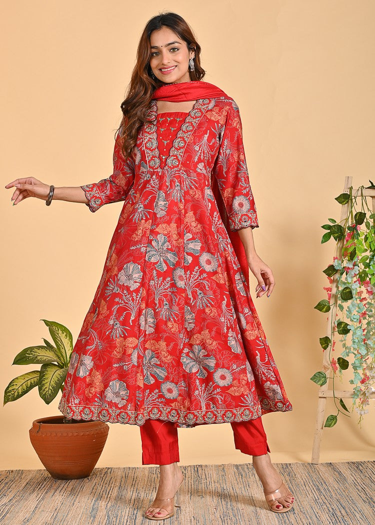 Exquisite Chanderi Anarkali Suit Set – 3-Piece Ethnic Ensemble with Zari, Sequins, and Pearl Detailing