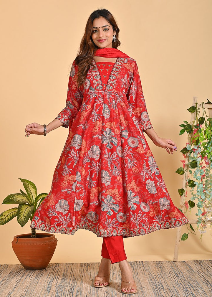 Exquisite Chanderi Anarkali Suit Set – 3-Piece Ethnic Ensemble with Zari, Sequins, and Pearl Detailing