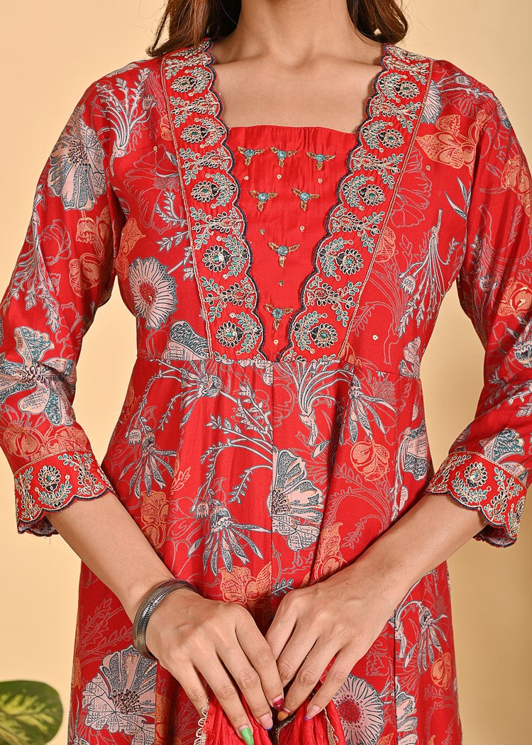 Exquisite Chanderi Anarkali Suit Set – 3-Piece Ethnic Ensemble with Zari, Sequins, and Pearl Detailing