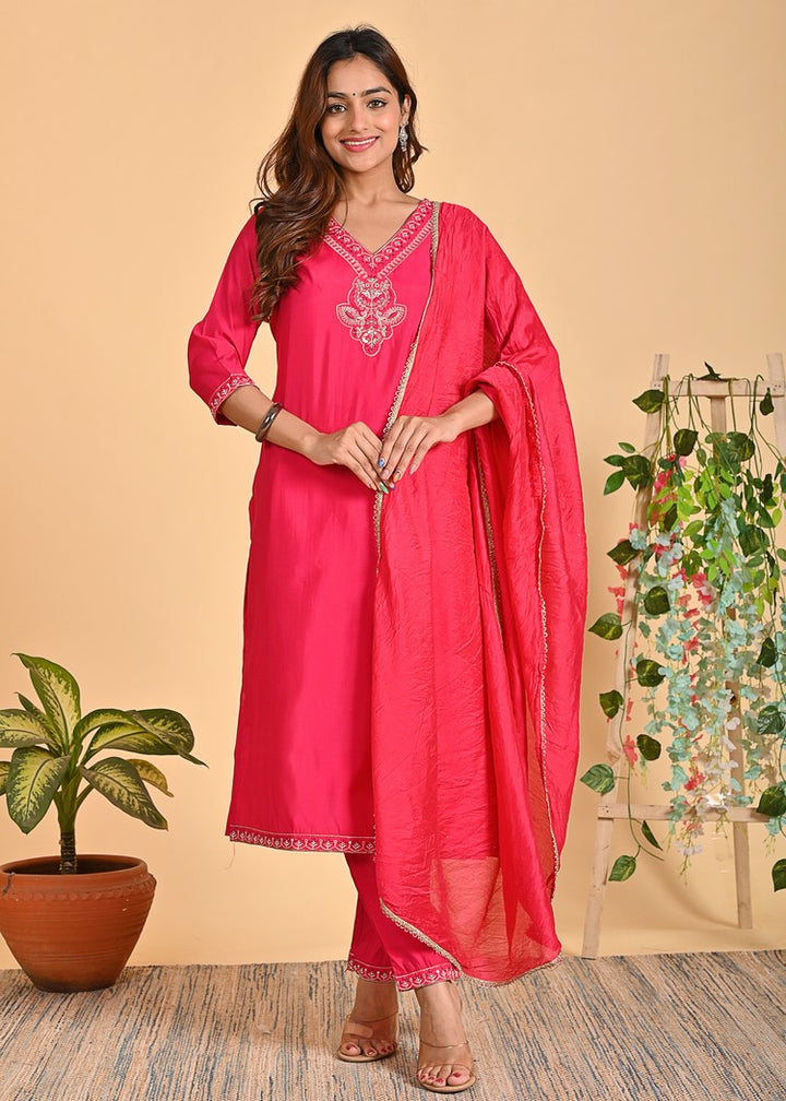 Premium Roman Silk Ethnic 3-Piece Set with Zardosi & Zari Dupatta - Available in Red & Peach
