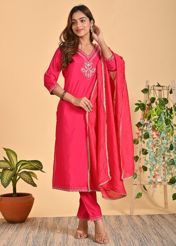 Premium Roman Silk Ethnic 3-Piece Set with Zardosi & Zari Dupatta - Available in Red & Peach