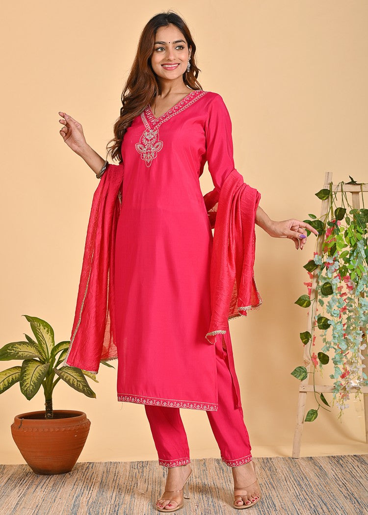 Premium Roman Silk Ethnic 3-Piece Set with Zardosi & Zari Dupatta - Available in Red & Peach