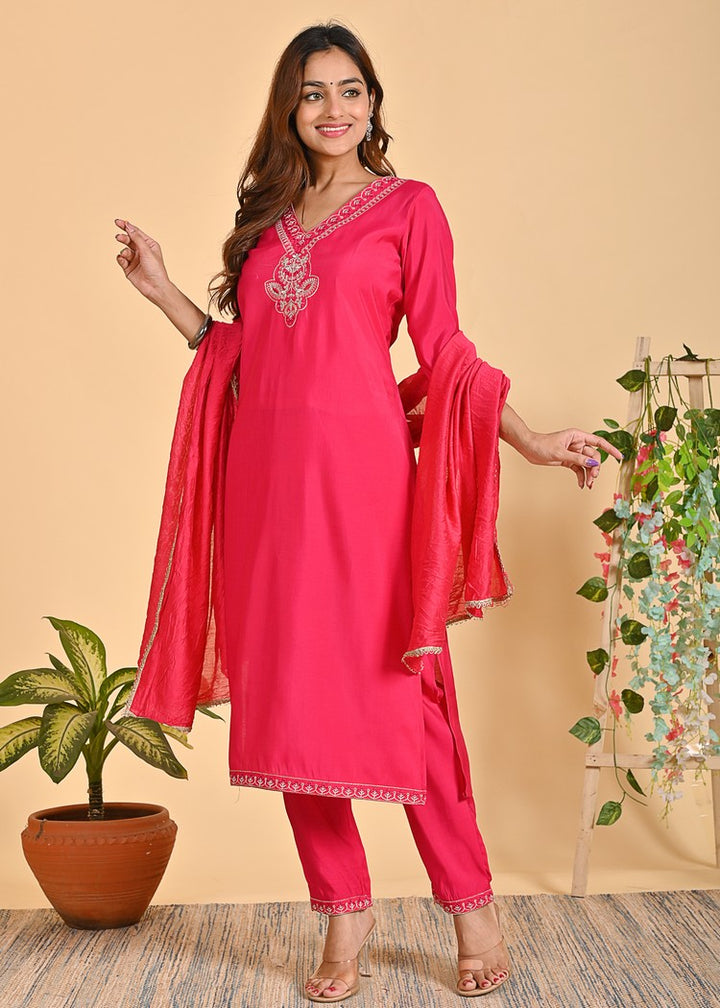 Premium Roman Silk Ethnic 3-Piece Set with Zardosi & Zari Dupatta - Available in Red & Peach
