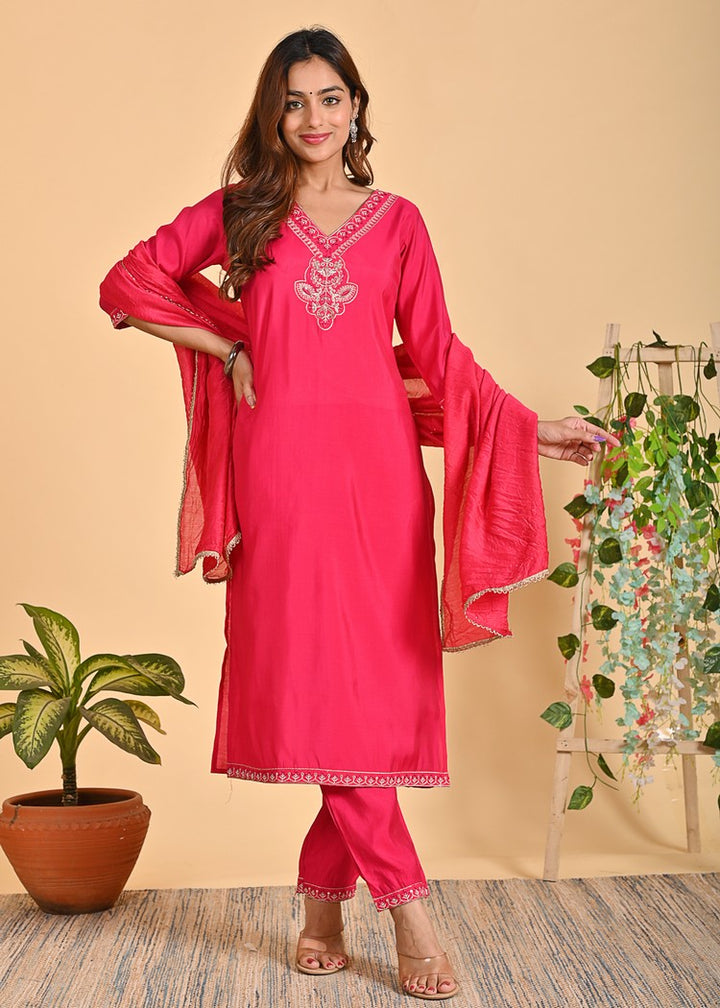 Premium Roman Silk Ethnic 3-Piece Set with Zardosi & Zari Dupatta - Available in Red & Peach