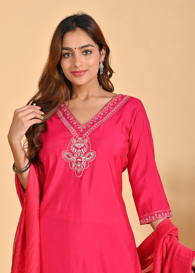 Premium Roman Silk Ethnic 3-Piece Set with Zardosi & Zari Dupatta - Available in Red & Peach