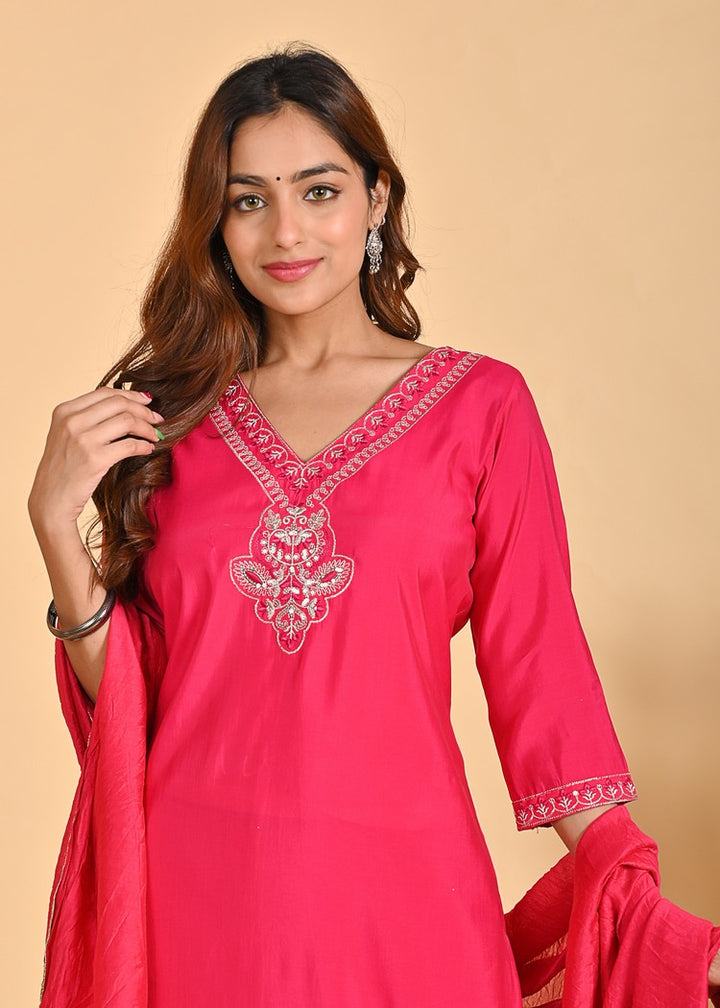 Premium Roman Silk Ethnic 3-Piece Set with Zardosi & Zari Dupatta - Available in Red & Peach