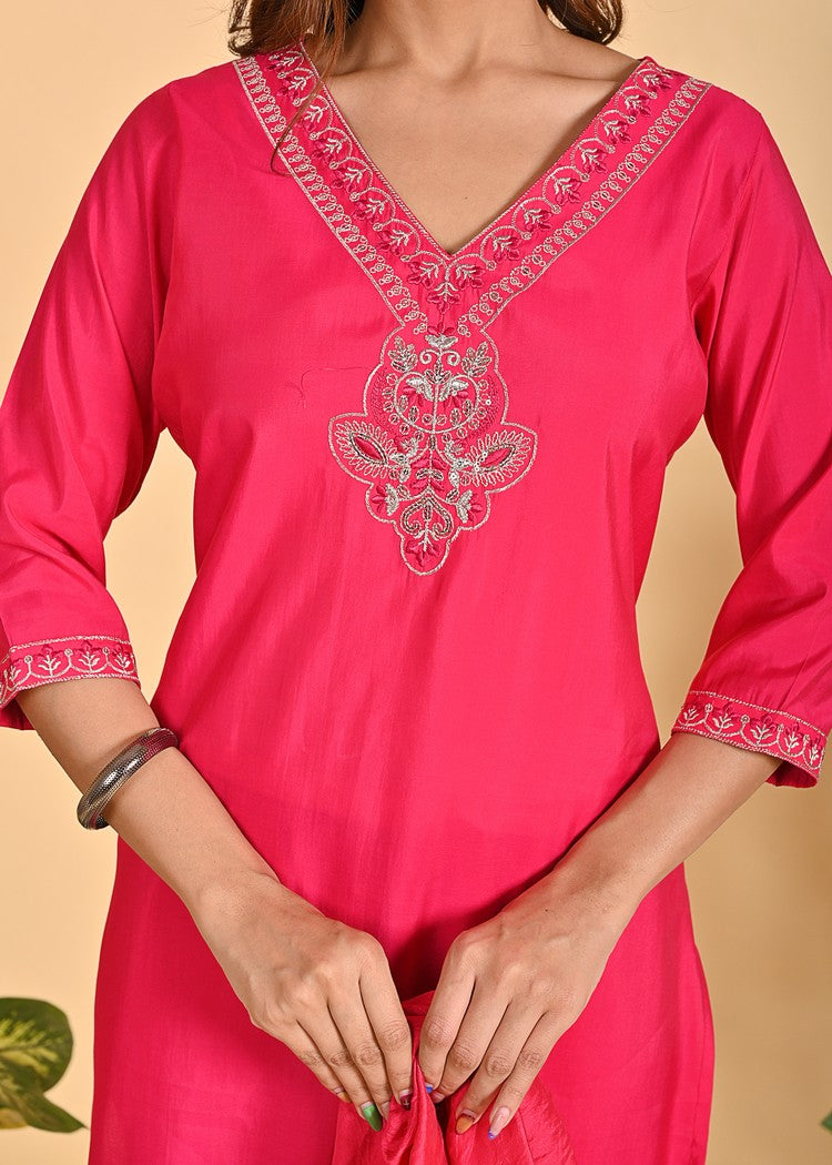 Premium Roman Silk Ethnic 3-Piece Set with Zardosi & Zari Dupatta - Available in Red & Peach
