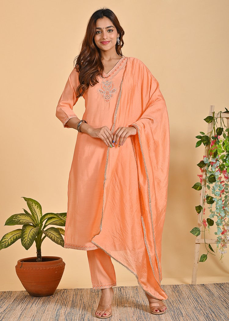 Premium Roman Silk Ethnic 3-Piece Set with Zardosi & Zari Dupatta - Available in Red & Peach