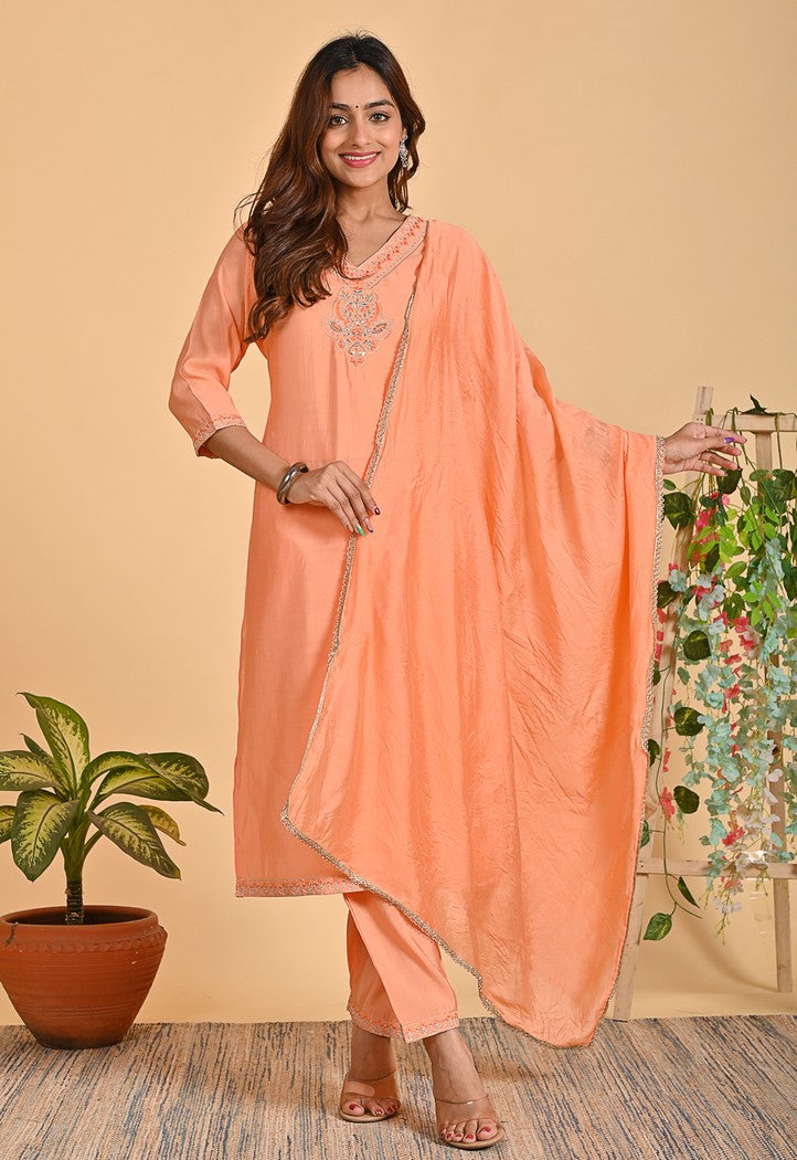 Premium Roman Silk Ethnic 3-Piece Set with Zardosi & Zari Dupatta - Available in Red & Peach