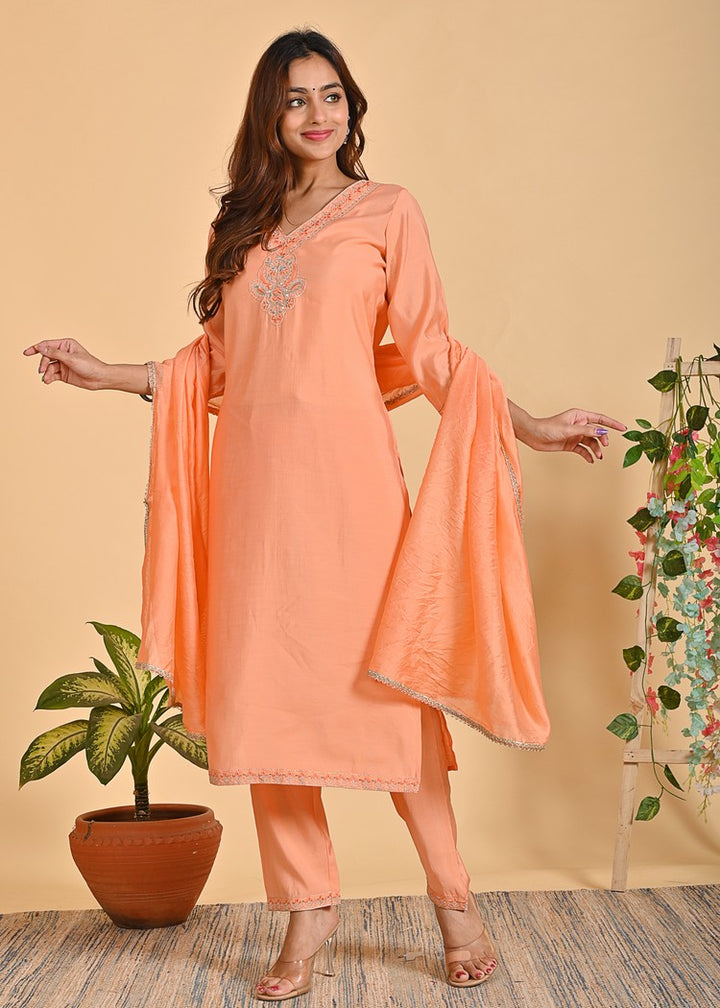 Premium Roman Silk Ethnic 3-Piece Set with Zardosi & Zari Dupatta - Available in Red & Peach