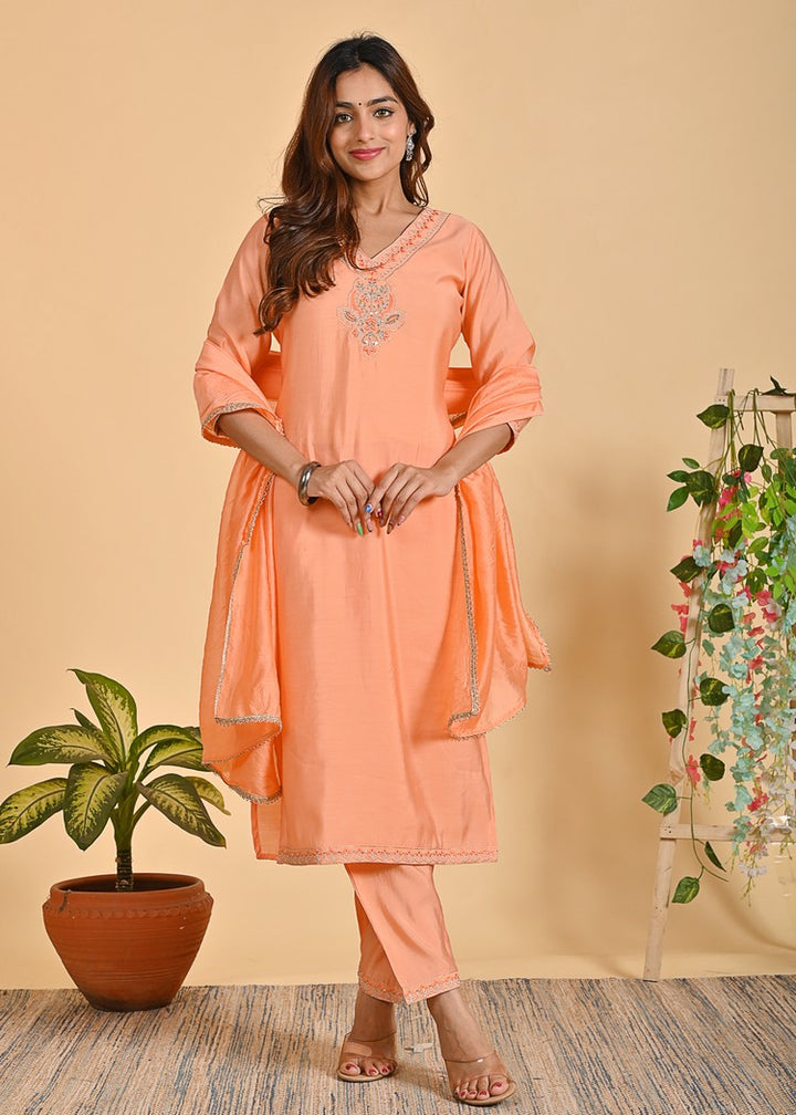 Premium Roman Silk Ethnic 3-Piece Set with Zardosi & Zari Dupatta - Available in Red & Peach