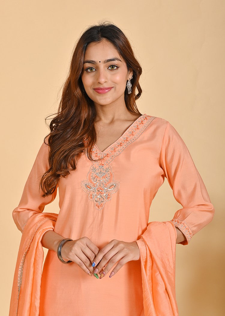 Premium Roman Silk Ethnic 3-Piece Set with Zardosi & Zari Dupatta - Available in Red & Peach