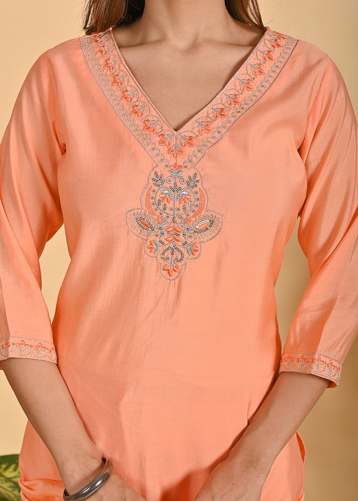 Premium Roman Silk Ethnic 3-Piece Set with Zardosi & Zari Dupatta - Available in Red & Peach