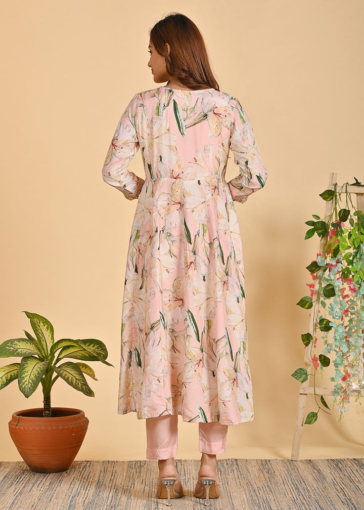 Graceful Muslin Anarkali 3-Piece Set with Zari Detailing – Peach & Yellow Elegance in Sizes M to XXL