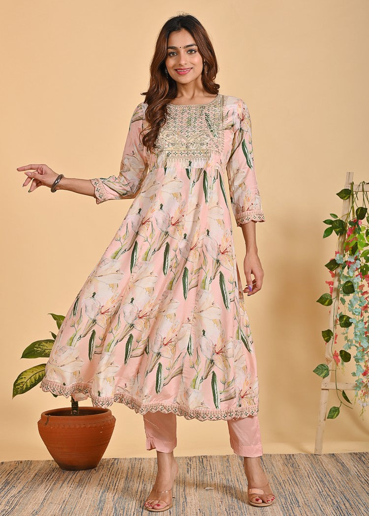 Graceful Muslin Anarkali 3-Piece Set with Zari Detailing – Peach & Yellow Elegance in Sizes M to XXL