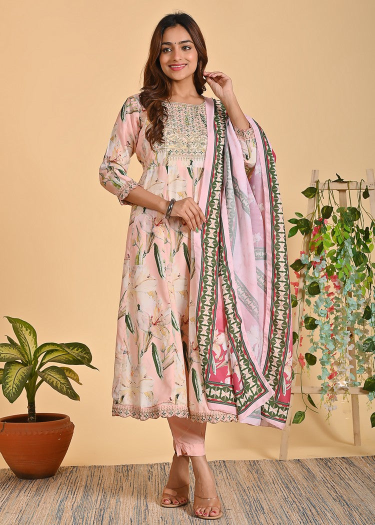 Graceful Muslin Anarkali 3-Piece Set with Zari Detailing – Peach & Yellow Elegance in Sizes M to XXL