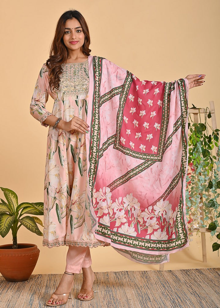 Graceful Muslin Anarkali 3-Piece Set with Zari Detailing – Peach & Yellow Elegance in Sizes M to XXL