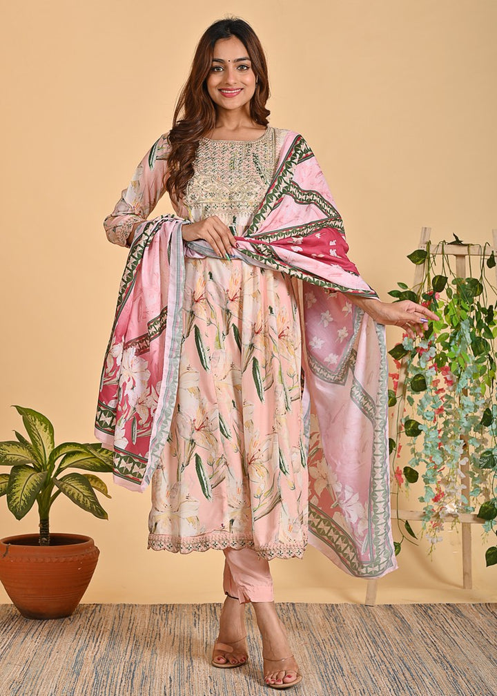 Graceful Muslin Anarkali 3-Piece Set with Zari Detailing – Peach & Yellow Elegance in Sizes M to XXL