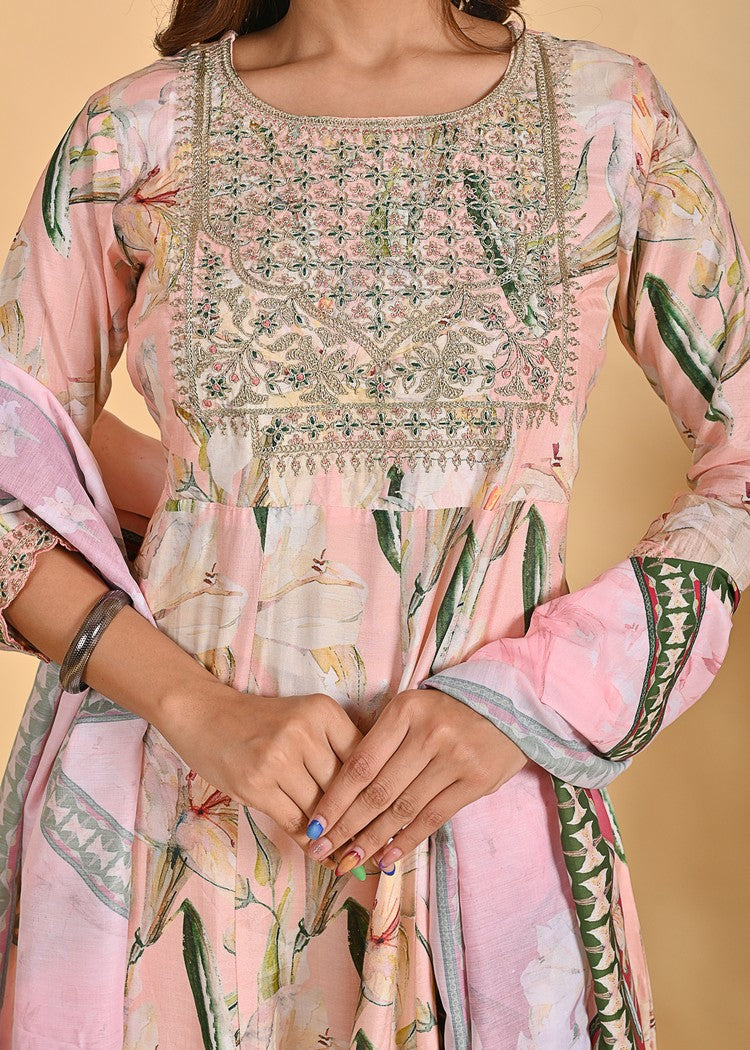 Graceful Muslin Anarkali 3-Piece Set with Zari Detailing – Peach & Yellow Elegance in Sizes M to XXL