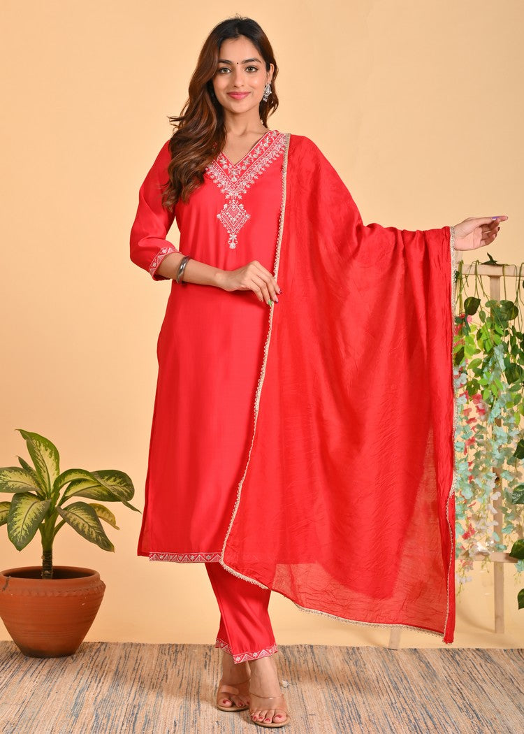 Luxurious Roman Silk 3-Piece Ethnic Kurta Set with Zardosi and Sequins Work