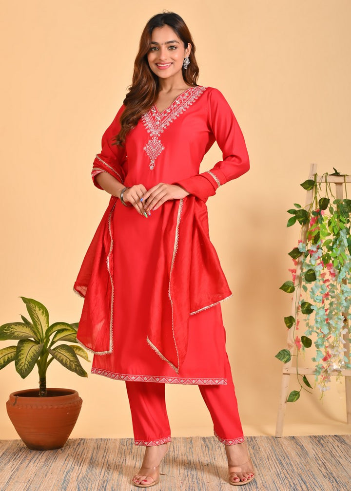 Luxurious Roman Silk 3-Piece Ethnic Kurta Set with Zardosi and Sequins Work