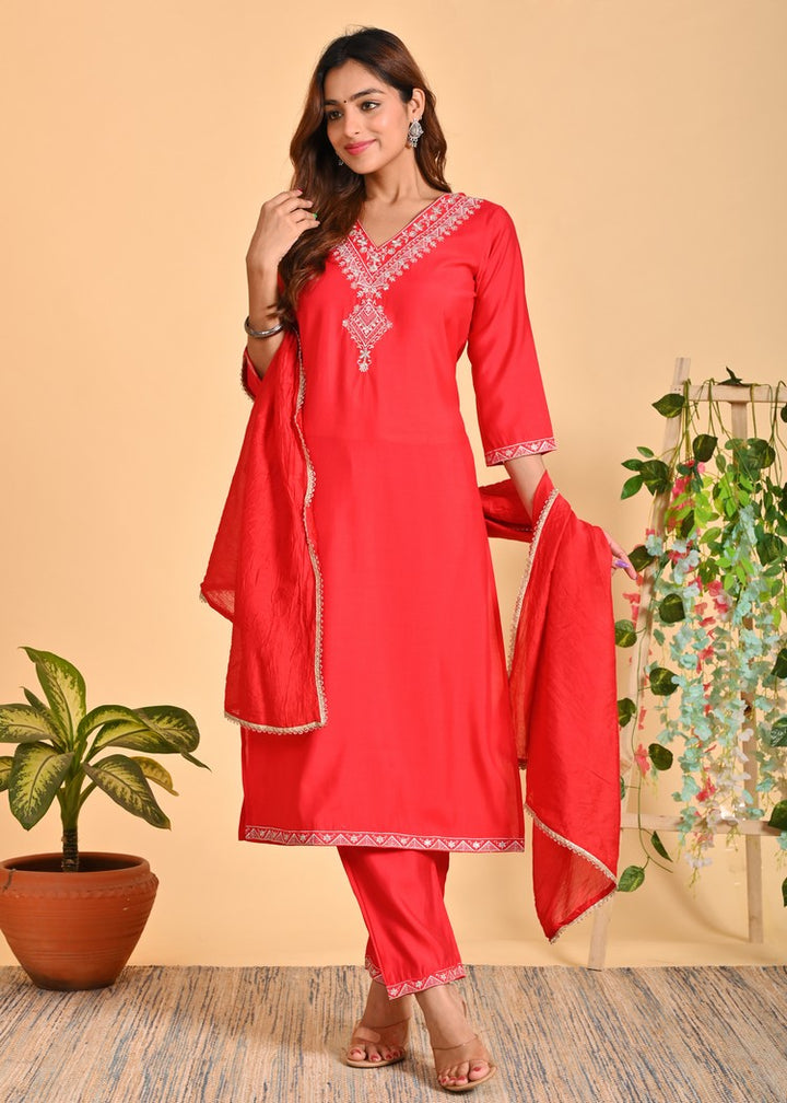 Luxurious Roman Silk 3-Piece Ethnic Kurta Set with Zardosi and Sequins Work