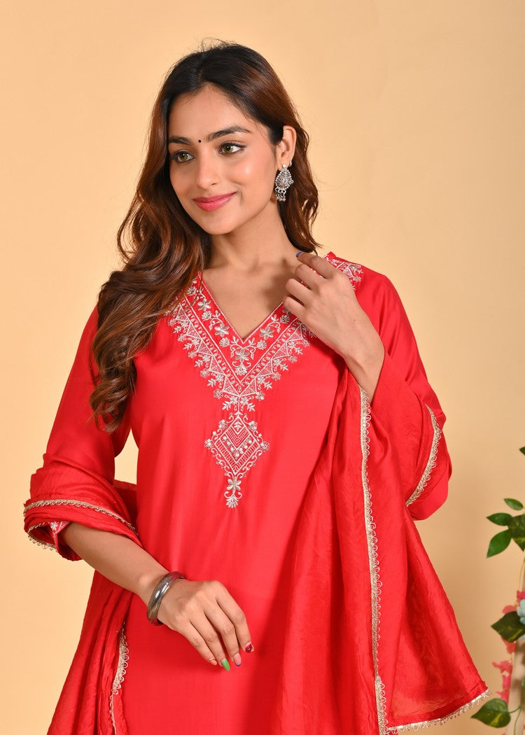 Luxurious Roman Silk 3-Piece Ethnic Kurta Set with Zardosi and Sequins Work