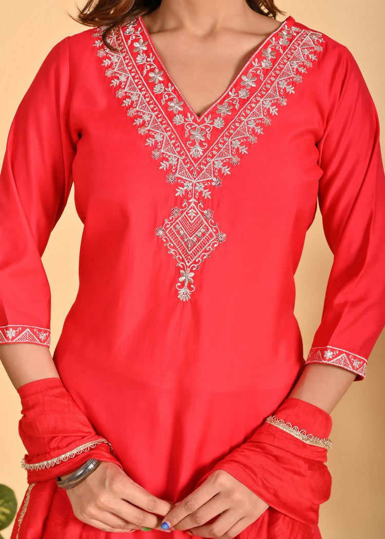 Luxurious Roman Silk 3-Piece Ethnic Kurta Set with Zardosi and Sequins Work