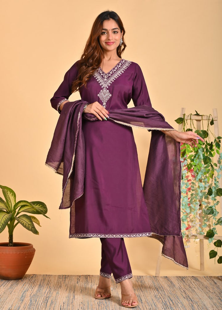 Luxurious Roman Silk 3-Piece Ethnic Kurta Set with Zardosi and Sequins Work