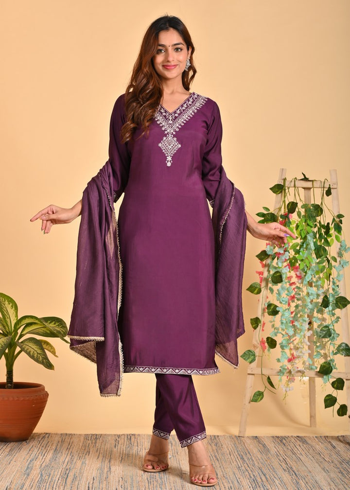 Luxurious Roman Silk 3-Piece Ethnic Kurta Set with Zardosi and Sequins Work