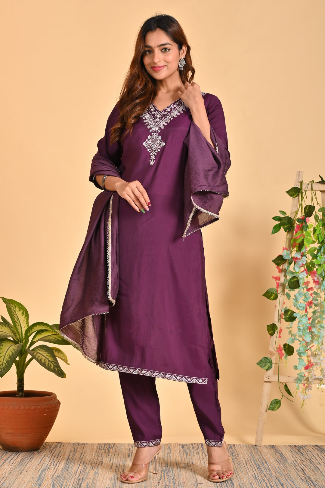 Luxurious Roman Silk 3-Piece Ethnic Kurta Set with Zardosi and Sequins Work